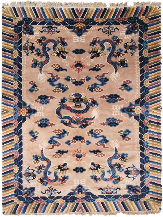 5x8 Vintage Art Deco Rug Dragon Rug Chinese Peking Rug Beige 153cm x 244cm