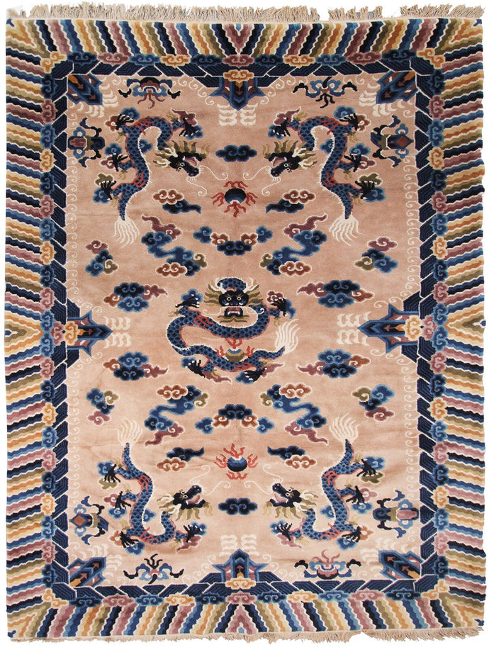 5x8 Vintage Art Deco Rug Dragon Rug Chinese Peking Rug Beige 153cm x 244cm