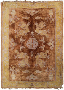 Antique Dragon Rug Chinese Peking Khotan Tapestry 4x6 Brown 130cmx191cm  C.1880