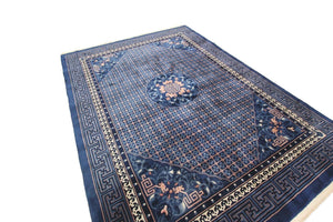 8x11 Vintage Art Deco Rug Dragon Heads Bats Chinese 251cm x335cm Blue Rug c.1960