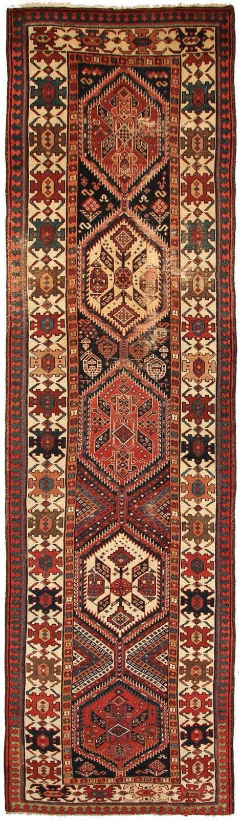 Rare Antique Rug Caucasian Kazak Fine Runner 112cm x 366cm Boho Rug 4X12 C.1880 